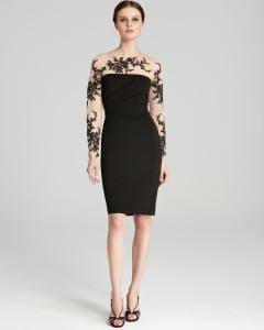 DAVID MEISTER Embroidered Lace Ruched Dress Front - $575.00 (Available at The Hudson's Bay. Photo credit: Lyst)